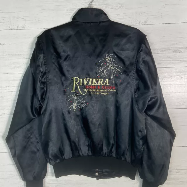 Vintage 80's Riviera Casino Las Vegas Black Embroidered Satin Jacket Sz Small