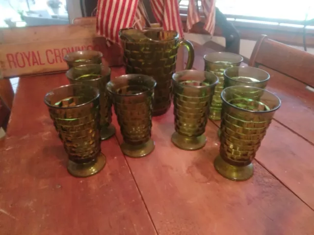 Vintage Green Indiana Whitehall Cubist Glassware & Pitcher Set 1960"s Avacado