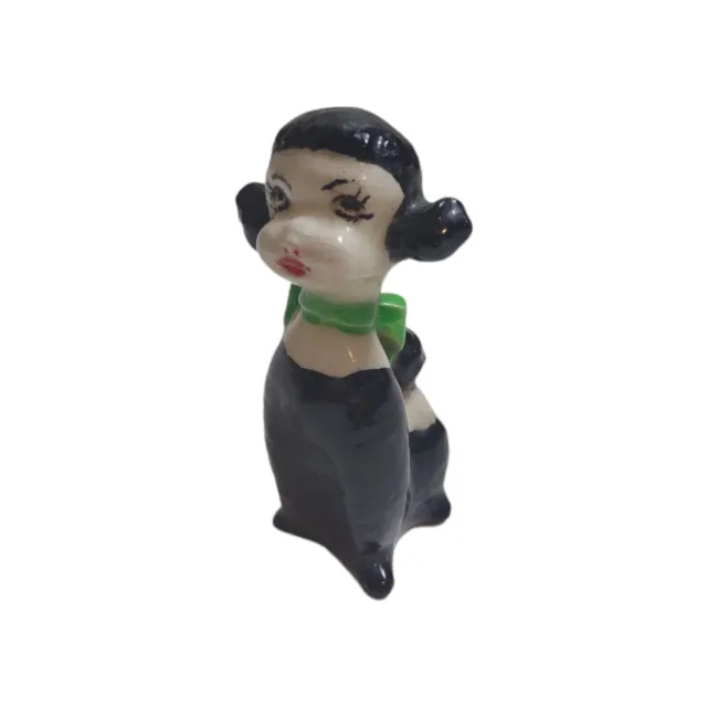 Vintage Ceramic Black and White Poodle Green Bow Ribbon Figurine 1950's Dog READ