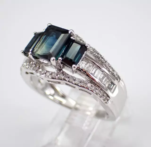 3CT EMERALD LAB-CREATED Sapphire Three Stone Wedding Ring 14K White ...