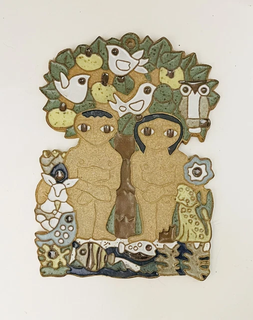 Vintage Stoneware Adam & Eve Kitchen Tile Wall Hanging Decor