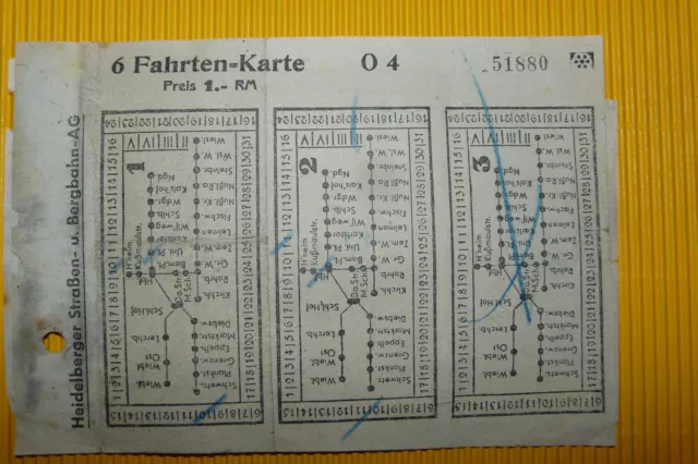 1947 7x 6 Fahrten-Karte 7 Fahrscheine Heidelberger Straßen und Bergbahn AG HSB