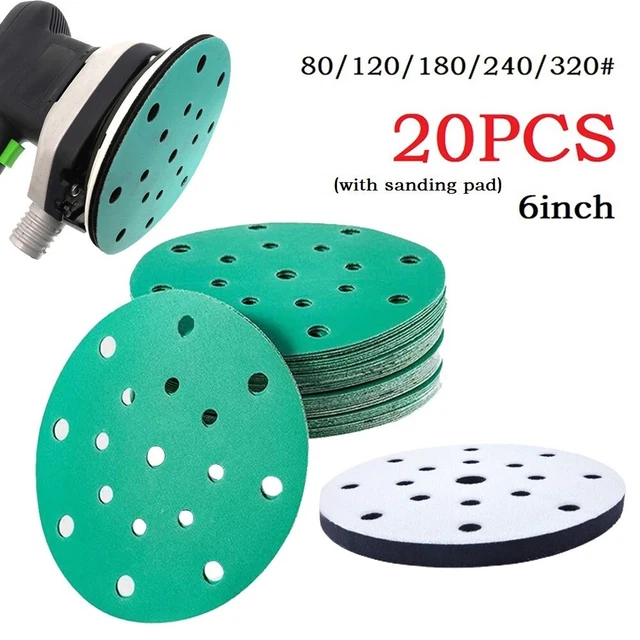 Discos de lijado de 17 orificios de 6 pulgadas película PET gancho y bucle papel de lija verde almohadilla de pulido suave
