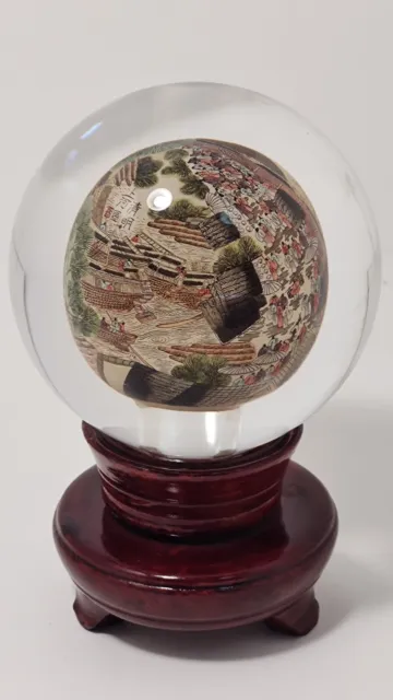 Reverse Hand Painted Asian Chinese Village Scene Crystal Globe Rotate To See Pic