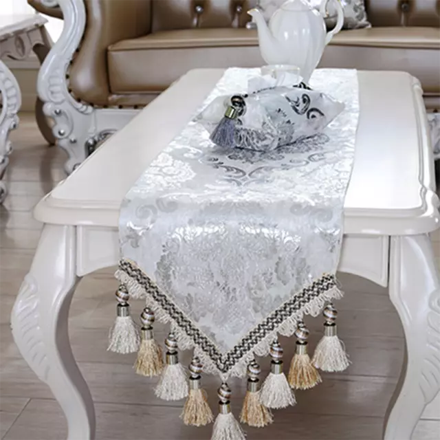 Luxury Velvet Table Runner Shiny Silver Floral tassels Table Cloth Decor Retro 2