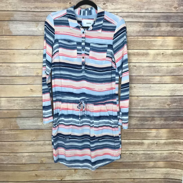 Sonoma Dress Womens XS Stripe Print Button Down Shirt Drawstring Collar Woven