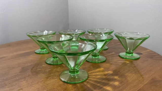 Vintage Federal Green Vaseline Uranium Depression Glass Sherbet Cups (Set of 7)