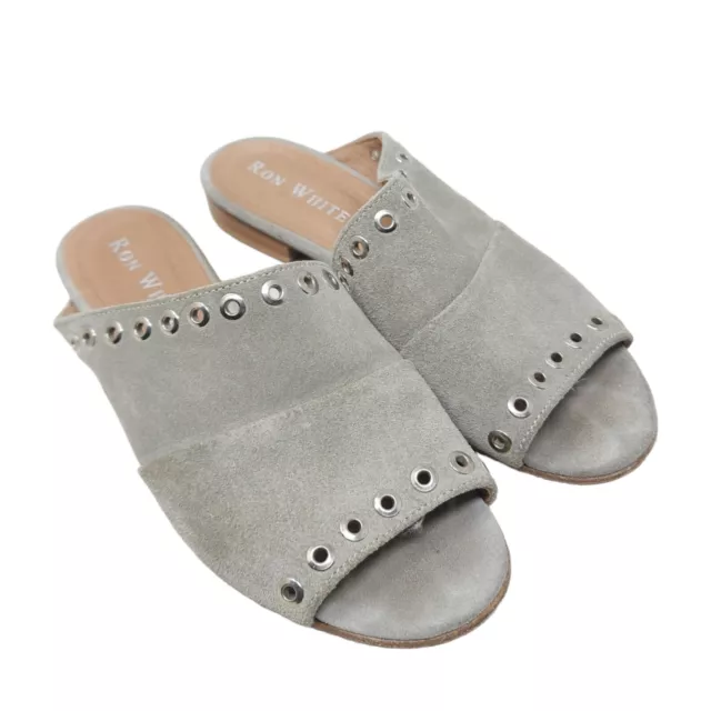 Ron White Womens Sandals Stone Gray Suede Leather Grommet Slides Shoes Sz 38 7.5