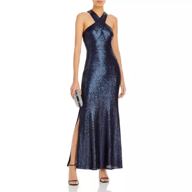 Aqua Womens Navy Sequined Long Formal Evening Dress Gown M BHFO 2697