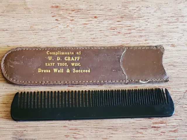 Vintage W.D. GRAFF East Troy WI DRESS WELL & SUCCEED Plastic Comb w/Holder Case