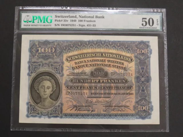 Switzerland 1949 100 Franken 100 Francs Banknote Pick# 35v (33) PMG 50 AUNC EPQ