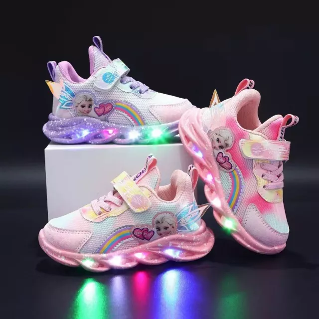 Hot Kids Frozen Elsa Princess Light Up Shoes LED Flashing Casual Sneakers Gifts