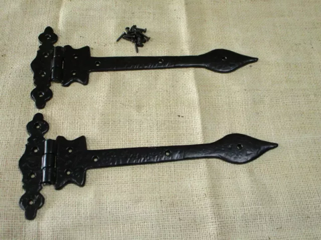 2 Iron Hinges Barn Door Ornate 12" Hinge T Strap Hardware Gate Black Large Tee