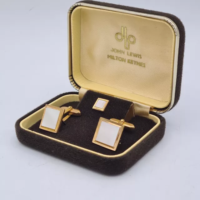 Vintage Mother Of Pearl Square Cufflinks & Tie Pin Gold Tone West German Boxed