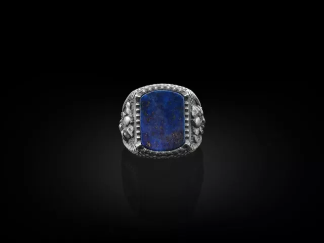 Solid 925 Sterling Silver Natural Lapis Lazuli Gemstone Wedding Mens Unisex Ring