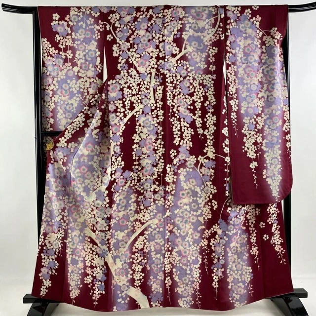 Woman Japanese Kimono Furisode Silk Cherry Blossom Silver Thread Red Purple