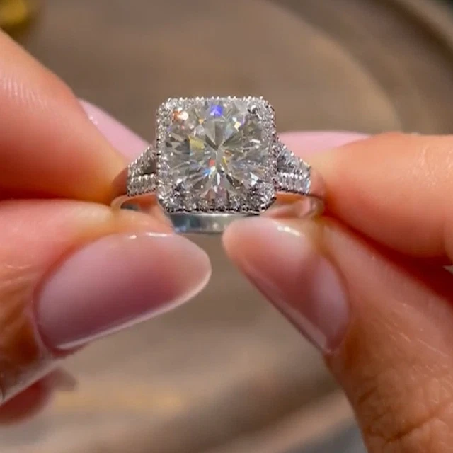 14K Yellow Gold Moissanite & Diamond Halo Engagement Ring - Split Shank, Round Stone, Size 7
