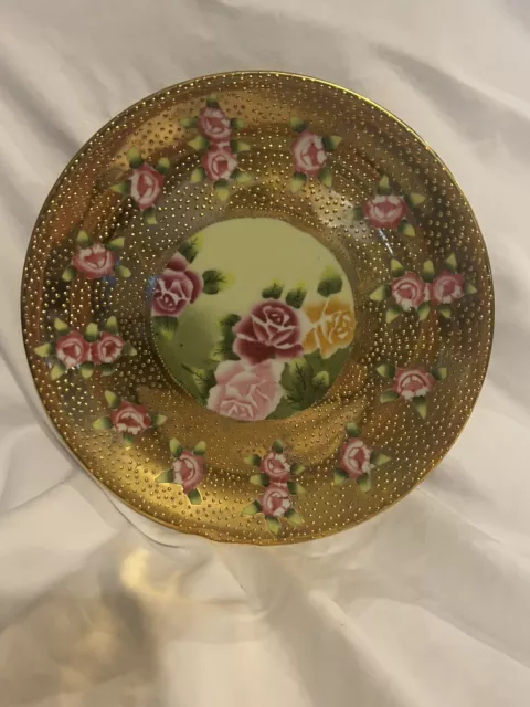 Antique Vintage Nippon Gold Gilt Enamel Moriage Hand Painted Gold Pink Roses 10”