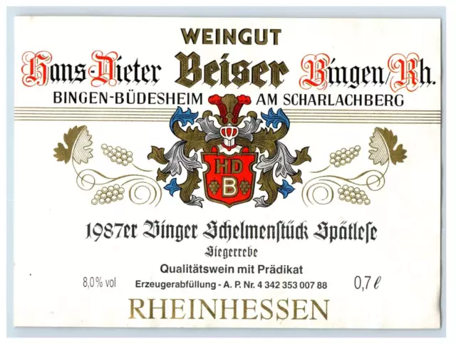 1970's-80's Weingut Beiser Binger Spatlere German Wine Label Original S17E