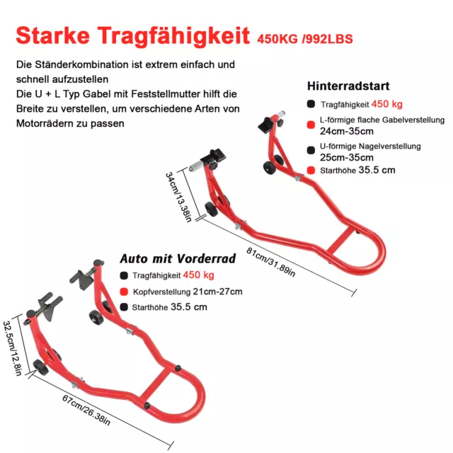 2 Stück Set Motorrad Montageständer für vorne und hinten Motorradheber DE 3