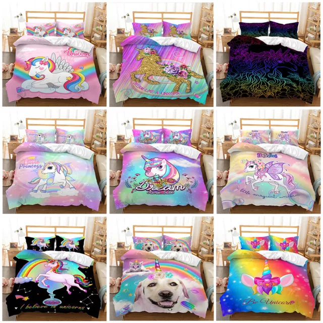 Floral Unicorn Rainbow Gradient Colorful Girl Gifts Doona Duvet Quilt Cover Set