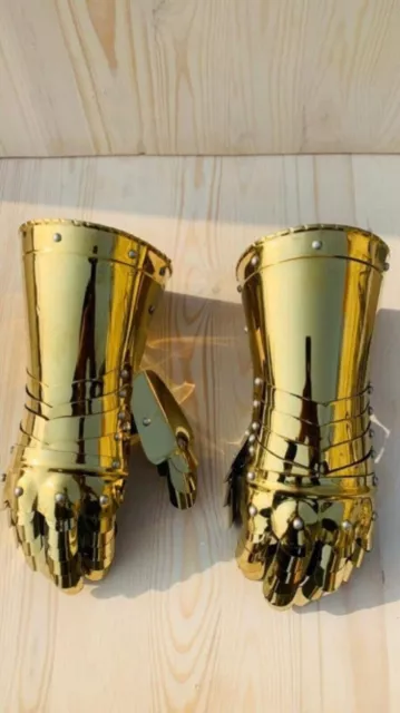 Medieval Steel Gothic Knight Golden Gloves, Battle Warrior Functional Gauntlets