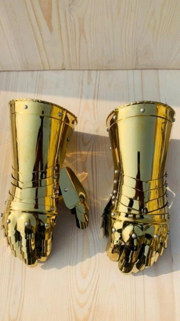 Medieval Steel Gothic Knight Golden Gloves, Battle Warrior Functional Gauntlets