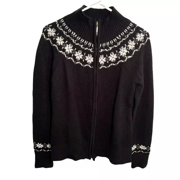 Collection DressBarn Women’s Size Medium Full Zip Sweater Black White Snowflake