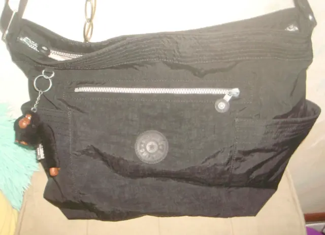 KIPLING Large Tote Crossbody Strap Bag Zip Top Black Nylon "Davina" Gorilla