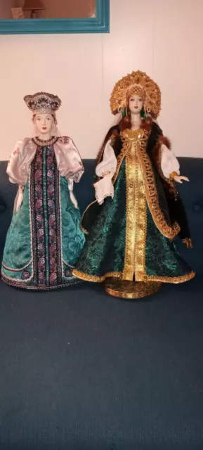 Two Collectible 20" RUSSIAN Porcelain Boyar Folk Dolls Exquisite Costumes mink