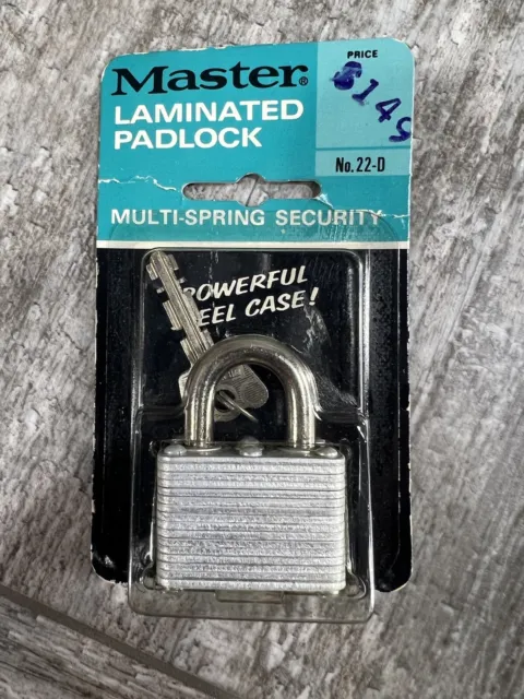 Vintage Master Lock No. 22-D Laminated Steel Warded Padlock 1-1/2-Inch USA Made