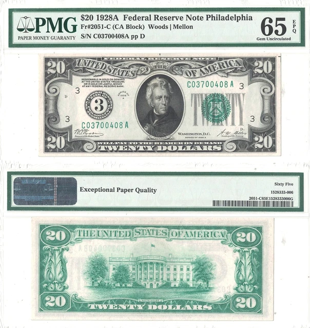 1928-A $20 Philadelphia District FRN Fr 2051-C PMG Gem Uncirculated-65 EPQ