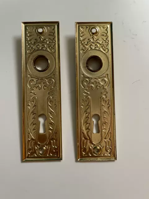 2 Antique SMALL Stamped Bright Brass Plated Door Knob Back Plates 5.75"x1.25" 2