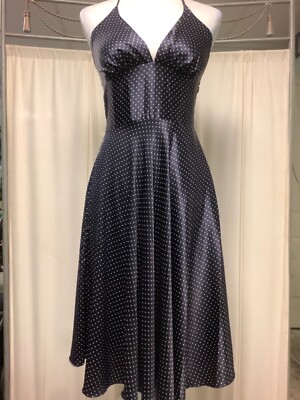 ALYN PAGE Retro Vintage navy blue white polka dot strap tie halter dress 3/4