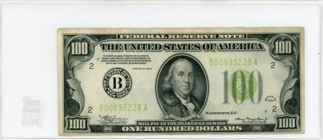 1934 $100 New York Federal Reserve Note VF with Holes B00839238A