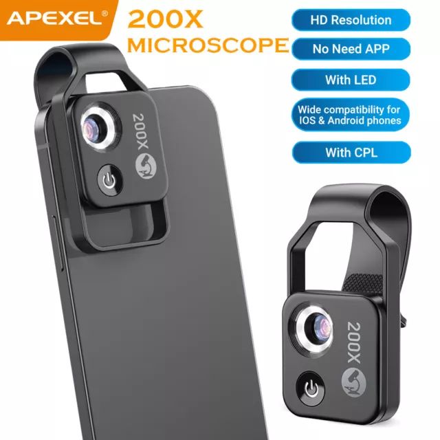 APEXEL 200X Clip Magnifier Loupe Microscope With LED, CPL For iPhone Smartphone