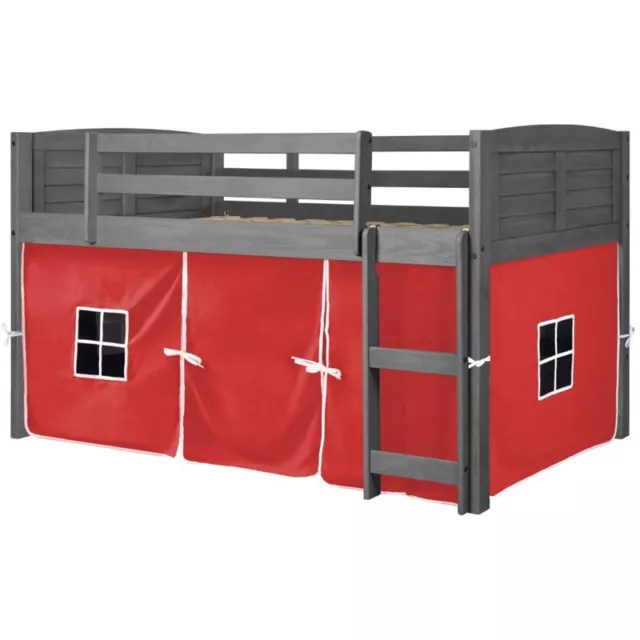 Donco Kids Louver Twin Solid Wood Low Loft Bed with Red Tent in Antique Gray