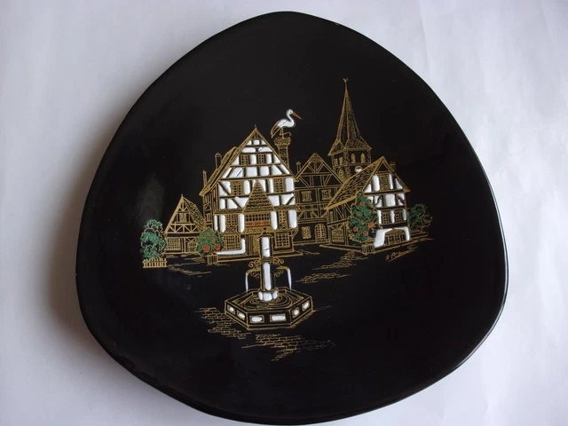 ANCIENNE ASSIETTE DÉCORATIVE ÉMAUX LONGWY NOIRE L'ALSACE DÉCORE MAIN Cigognes