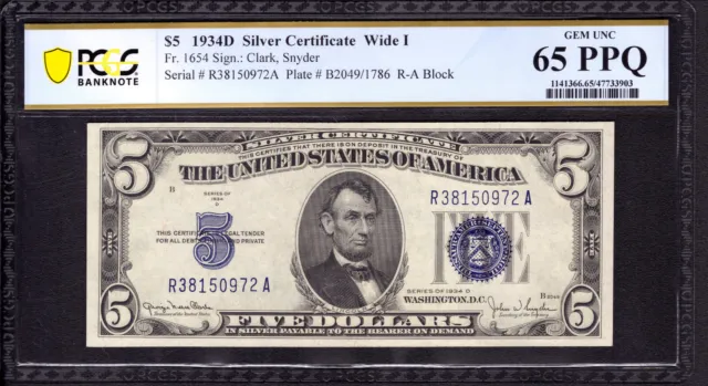 1934 D $5 Silver Certificate Note Fr.1654W Wide I Ra Block Pcgs B Gem Unc 65 Ppq