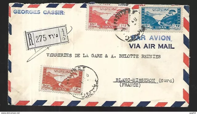 LIBAN lettre recommandée par avion du 08 12 1948 de Beyrouth pour Blanc Misseron