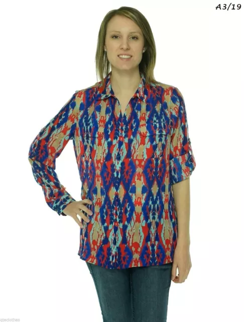 JONES NEW YORK $89 Sexy Coral Blue Printed Long Sleeve Button Shirt Top L QCO