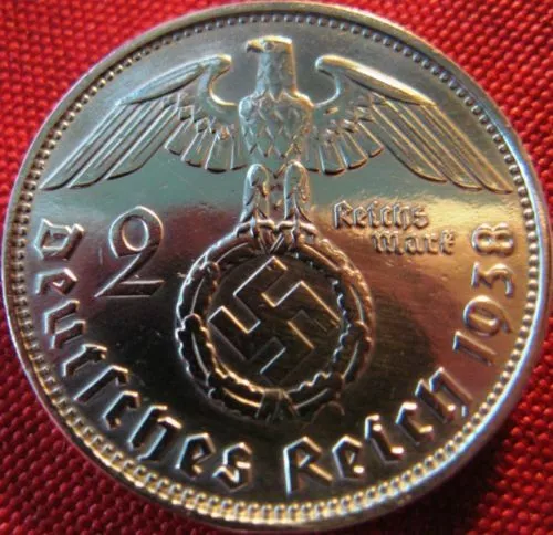 Old Germany 2 Reichsmark 1938-SILVER Genuine Coin Third Reich-EAGLE-SWASTIKA-WW2