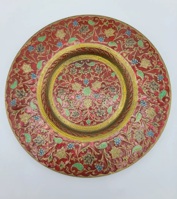 VTG Brass Enamel Painted Ornamental Plate 6.5" Wall Hanging Boho Dish Tray