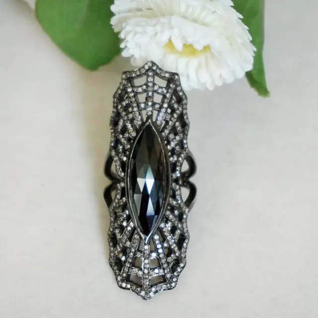 Natural Black Spinel Pave Diamond Spider Web Design Ring Fine Victorian Jewelry