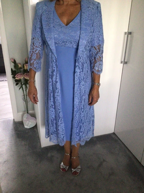 Nuovo Abito Veni Infantino Taglia 10 Madre Della Sposa Blu Polvere E Cappotto In Pizzo
