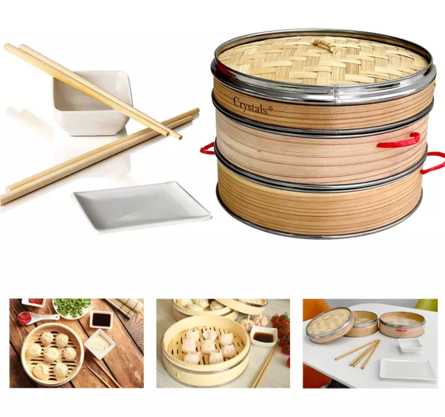 8 Inch Premium Organic Dim Sum Bamboo Steamer with 2 Plates & 2 Pair Chopsticks