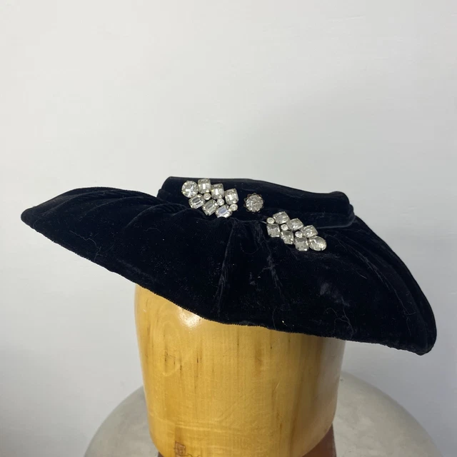 VINTAGE 50S BLACK Velvet Cartwheel Wide Brim Hat w Large Rhinestone ...