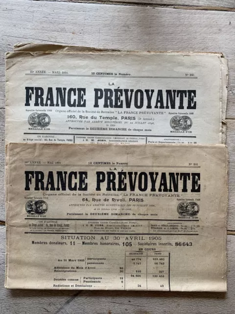 lot vieux papiers Belle Epoque « La France Prévoyante » Mars 1910 et mai 1905.