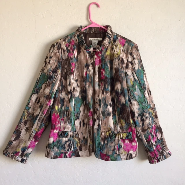 Requirements Womens Corduroy Jacket L Brown Tan Floral Full Zip Pockets Lined