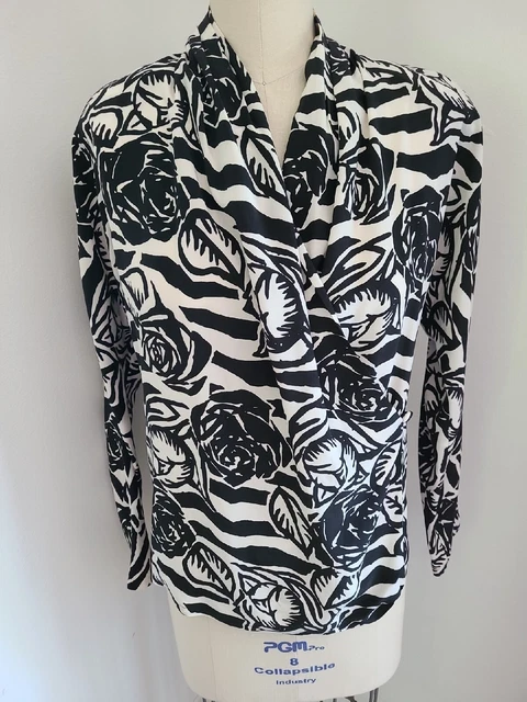 Vintage 80's/ 90's Classiques Entier Black & White Roses Silk Wrap Blouse...